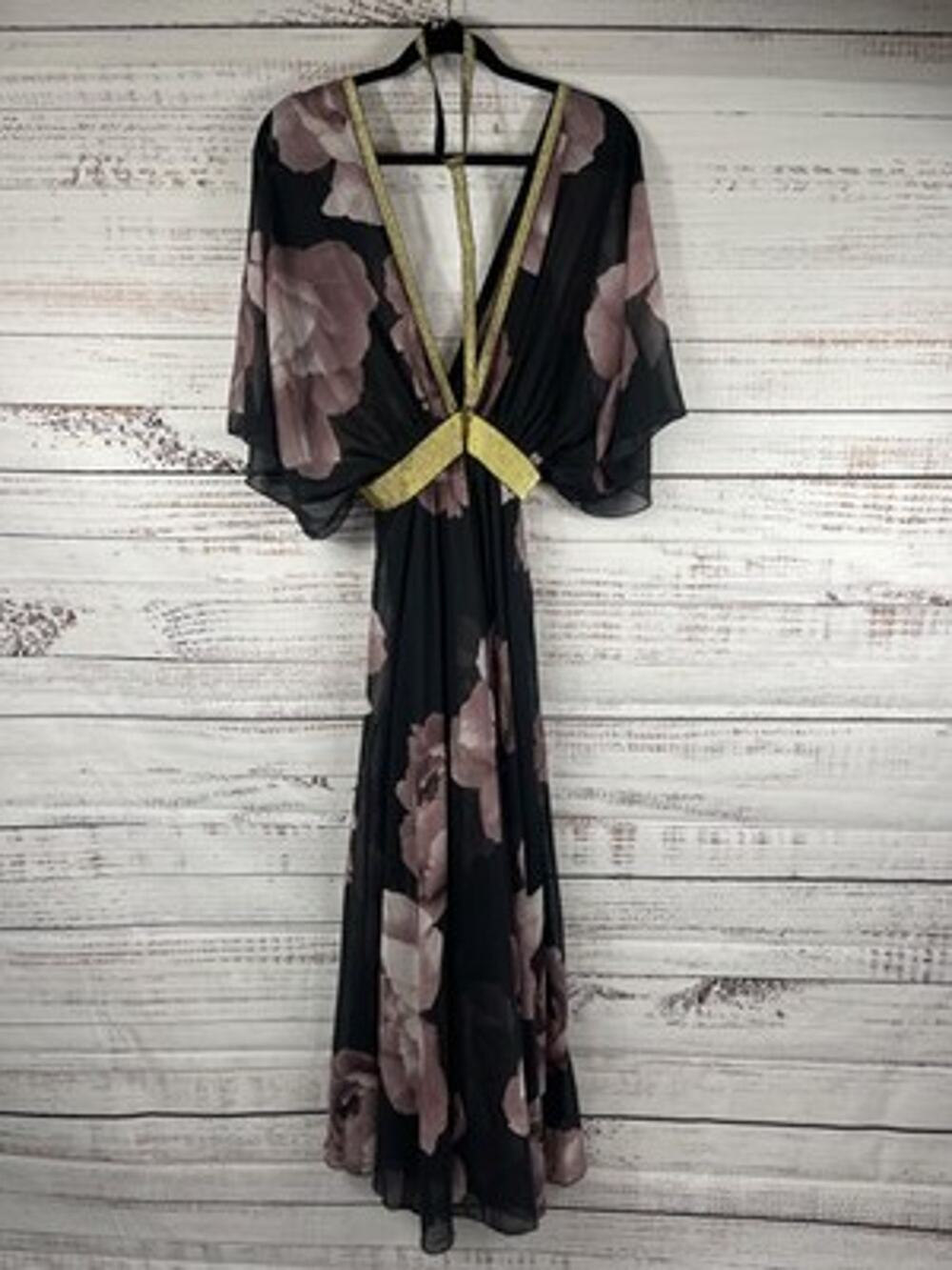 Jasmine Dress Womens Large Black Floral Plunge V Neck Maxi Kaftan Kimono Formal